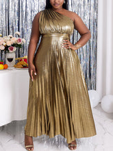 One-Shoulder Glitter Pleated Maxi Dress